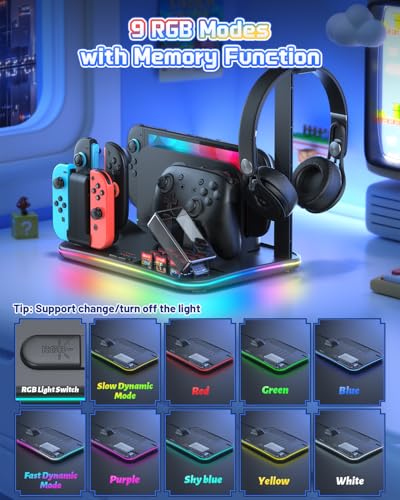[Switch 2/1 Compatible] FASTSNAIL Charging Dock & Orgainzer Station & Cooling Fan for Nintendo Switch 2/1/OLED, Storage Stand for JoyCon 2/1 with 12 Card Slots, Controller/Headset Holder, 9 RGB Modes