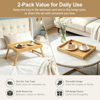 Large Breakfast Tray with Folding Legs Set of 2, 16.9" x 12.2" Bamboo Bed Tray Table with Ergonomic Wave Handles, Foldable TV Dinner Tray for Bed Couch Sofa, Breakfast, Laptop, Coffee, Natural - color: Natural, size: Large