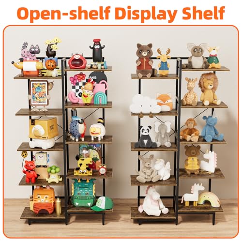 Aquzee 5 Tier Bookshelf, Tall Bookcase Shelf Storage Organizer with Wood and Metal Frame, Free Standing Storage Shelving for Bedroom, Living Room and Home Office, Rustic Brown
