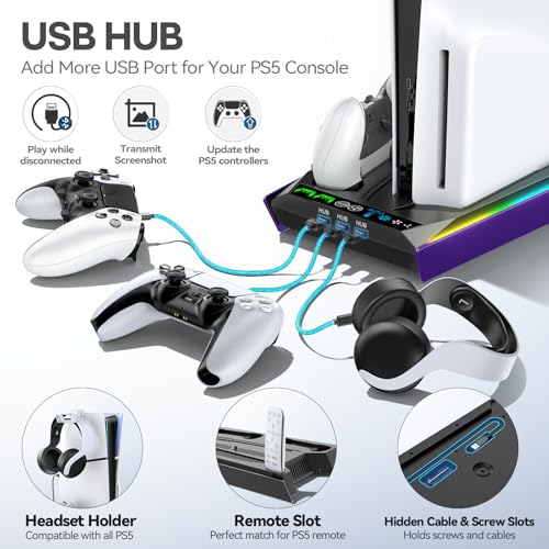Rysker P-5/Slim/Pro Stand and Cooling Station with LED Controller Charging Station, P-5 Controller Charger, P-5/Slim/Pro Accessories Kit with 3 Level Cooling Fan for PlayStation 5 Case - color: Galactic Purple
