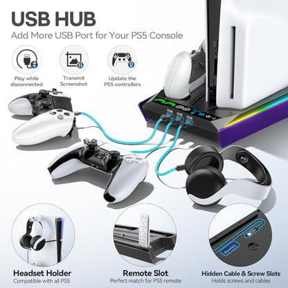Rysker P-5/Slim/Pro Stand and Cooling Station with LED Controller Charging Station, P-5 Controller Charger, P-5/Slim/Pro Accessories Kit with 3 Level Cooling Fan for PlayStation 5 Case - color: Galactic Purple
