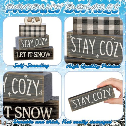 Yuntau 4 Pcs Winter Table Decorations Wooden Snowman Winter Tiered Tray Decor Rustic Block Signs Gift Farmhouse Christmas Centerpiece for Tables Party Kitchen Shelf Home - style: Let It Snow