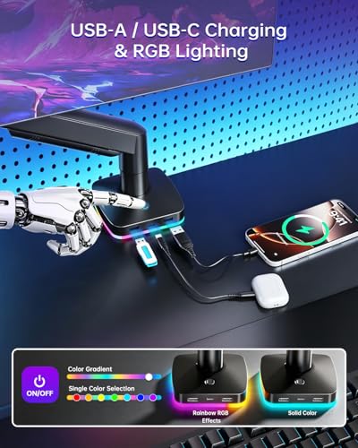 Afaloona Single Monitor Arm with RGB Lighting & 3 USB Ports, Gas Spring Monitor Mount for 13-32 Inch Screens up to 19.8lbs, Desk Mount with Charging & Data Transfer, Full Motion Adjustable - size: RGB Gas Spring Monitor Stand