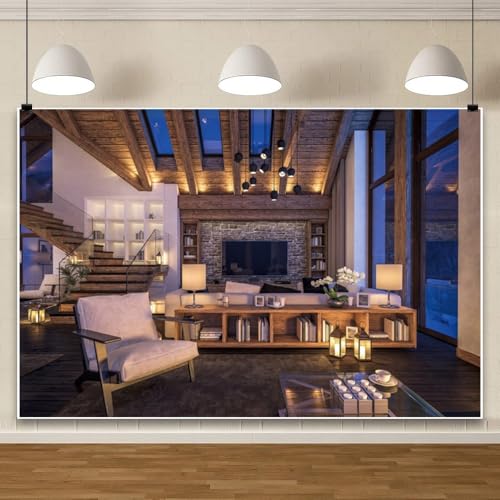Yeele 10x8ft Living Room Backdrop Modern Cozy Apartment Night Living Room Sofa Wooden Staircase Photography Background for Live Video Online Meeting Video Conference Decor Photo Shoot Props - size: 10x8ft