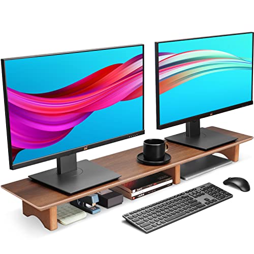 Aothia Solid Wood Dual Monitor Stand Riser for Desk, 43 Inch Black Walnut Computer Monitor Riser with Cork Legs, Extra Long Desktop Organizer Shelf for 2 Monitors, Laptop & Printer - color: Black Walnut