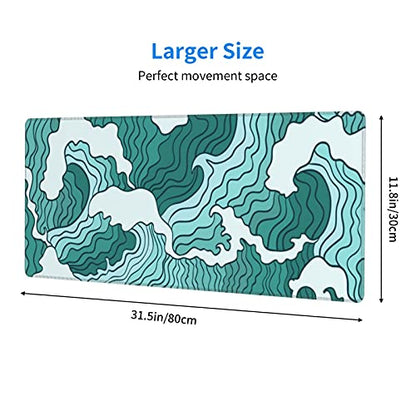 Japanese Green and White Wave Gaming Mouse Pad XL, Non Slip Rubber Base Mousepad, Stitched Edges Desk Pad, Extended Large Mice Pad,31.5 X 11.8 Inch - color: Japanese Green and White Wave