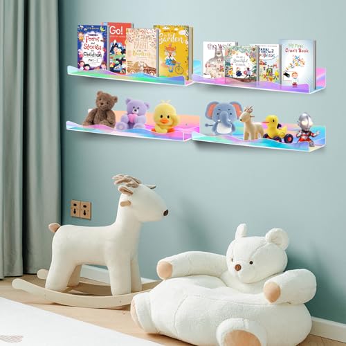 6 Pack Iridescent Acrylic Floating Shelves, 15.7" Clear Acrylic Display Shelves Bookshelf Wall Mounted, Bathroom Kids Room Home Storage Wall Decor Ledge Shelf for Skincare, Perfume, Nail Polish - style: 15.7 inch 6-pack, Iridescent