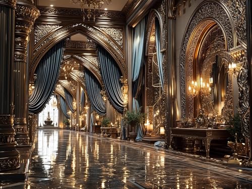 Luxury Royal Palace Hallway Polyester Backdrop for Photography, Golden Arches & Velvet Drapes, Baroque Castle Interior Scene with Marble Floor and Chandeliers 7x5ft