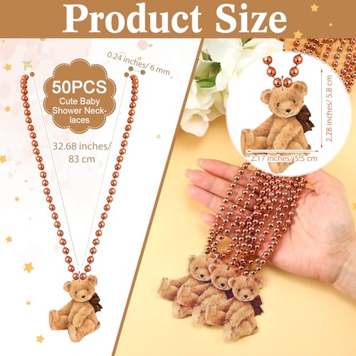 Roowest 51 Don't Say Baby Shower Game Wooden Sign Table Decor Gift Sets 50 Necklaces Felt Bear Pattern Necklaces for Baby Shower Gender Reveal Games Party Favor(Brown)