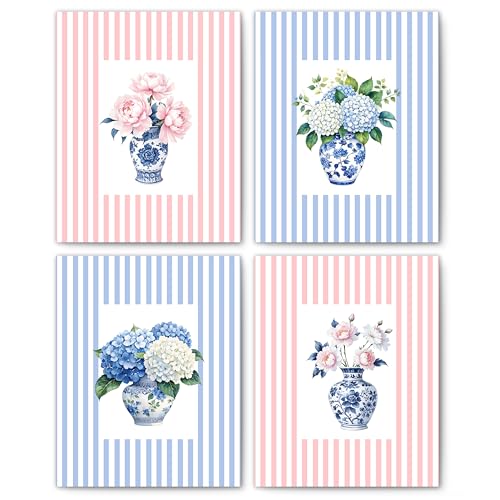 FITIE Pink Chinoiserie Peony Blue Striped Wall Art Posters Set of 4, Grandmillennial Home Decor, Vintage Aesthetic Flower Canvas Prints Artwork Wall Decor, 8x10 Unframed - color: Home Wall Art 08