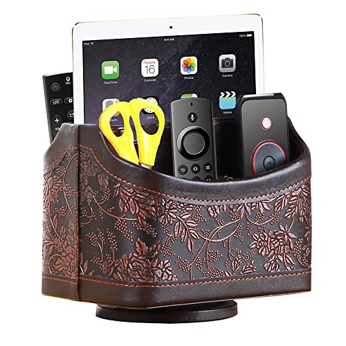 YAPISHI Antique Leather Remote Control Holder, 360 Degree Spinning Desk TV Remote Caddy/Box, Bedside Table Organizer for Controller, Media, Calculator, Mobile Phone and Pen Storage - color: 1# Antique Embroidery