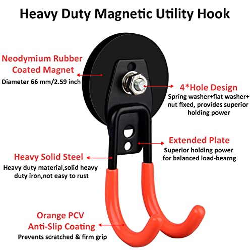 ULIBERMAGNET Garage Strong Magnetic Hooks, 2 Pack Heavy Duty Large J Hooks with Magnet, Anti-Slip Coating Magnet Hooks for Garden Tools, Ropes,Drill - style: 2.59" Strong Medium J Orange 2PC