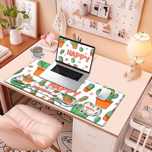 Large Mouse Pad + Keyboard Wrist Rest Set, Extended Gaming Mousepad (31.5X11.8 inch) with Non-Slip Rubber, Ergonomics Memory Foam Mouse Wrist Rest Support, Cute Cactus Pattern White XXL Desk Pad - color: Yu-Mouse Pad-3-B31