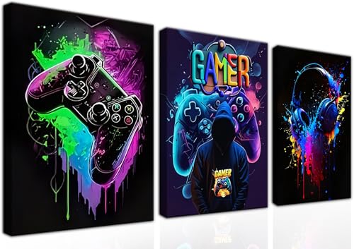 Cool Gaming Wall Art Canvas Print Set of 3, Retro Video Game Gamers Picture, Gamer Painting Wall Decor for Teen Boys Room, Colorful Neon Gamepad Art for Boys Home Decoration 12x16 inch Framed - color: Cool Black Game Canvas, size: Canvas 12x16 inch