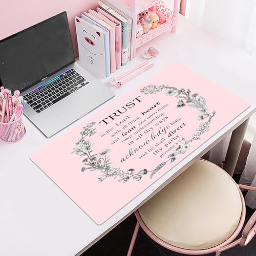 EOBTAIN Pink Large Mouse Pad Bible Verse Keyboard Mat 31.5x15.7 Inch Scripture XXL Extended Desk Mat Smooth Non-Slip Rubber Mousepad Relaxing Spiritual Desk Accessories for Office Home - color: Pink Grey