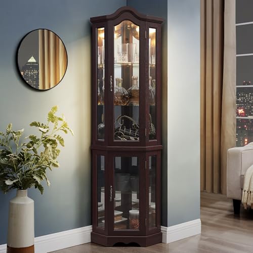 70" Lighted Corner Curio Cabinet,Inside Mirror Corner Glass Display Case with Tempered Glass Door for Living Room, Antique Collectibles, Wine & Bar Glass Storage, Lights Included - color: Dark Cherry, size: Style-D