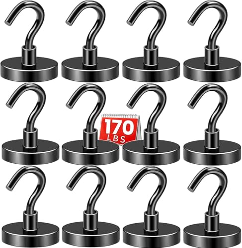 DIYMAG Magnetic Hooks,170lbs Heavy Duty Magnets with Hook Black 12 Pack | Rare Earth N52 2026 Cruise Cabin Ship Essentials for Fridge Hanging Classroom Beach Vacation Kitchen Grills Home Must Have - color: Black, size: 1.41in