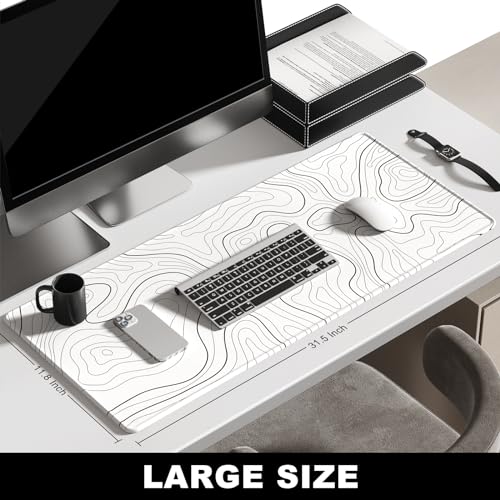 BOSOBO Large Mouse Pad, Desk Pad, XXL XL Extended Gaming Mouse Pad, Desk Mat for Office & Home, Long Keyboard Mat, Desktop Full Cover 31.5" x 11.8", Minimalist Topographic Map White - color: Minimalist Abstract Lines, size: XL - 31.5 x 11.8 Inches