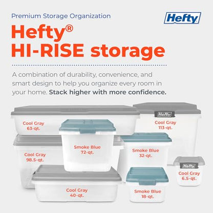 Hefty 113 Qt Hi-Rise Storage Bin with Lid, Stackable Plastic Storage Container, Organizer for Home, Garage & Closet, 4 Pack, Gray - size: 113 QT - 4 Pack