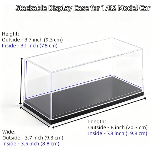 Model Car Display Case for 1:32 Scale Diecast Cars, Clear Acrylic Stackable Showcase Box for Toys & Memorabilia, Dustproof Collector Storage with Black Base, 8 x 3.7 x 3.7 Inch - size: 8 x 3.7 x 3.7 inch