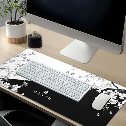 Black and White Cherry Blossom Gaming Mouse Pad XL，Large Mouse Pad Japanese Sakura Death Life Mouse Mat Desk Pad, Extended Stitched Non-Slip Rubber Edges Mousepad 31.5 X 11.8 Inch - color: Black and White Cherry Blossom, size: 31.5x11.8 Inch