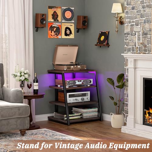 Armocity 4-Tier AV Media Stand with Power Strips, Corner TV Stand with LED Lights, Rack Audio Tower with Adjustable Shelves, Corner Entertainment Center, 30'', Black Walnut - color: Black Walnut, size: 30" (H)