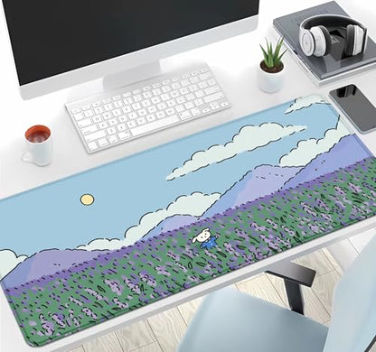 IMAYONDIA Anime Lavender Desk Mat Cute, Green Purple Blue XL Large Gaming Mouse Pad for Laptop, Kawaii Landscape Japanese Deskmat, Mousepad Computer Pad, 31.5 X 11.8 Inch - color: Lavender Landscape
