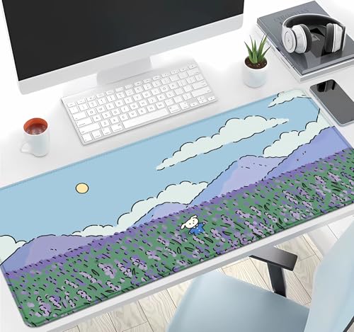 IMAYONDIA Anime Lavender Desk Mat Cute, Green Purple Blue XL Large Gaming Mouse Pad for Laptop, Kawaii Landscape Japanese Deskmat, Mousepad Computer Pad, 31.5 X 11.8 Inch - color: Lavender Landscape
