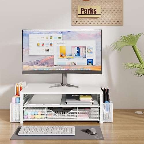 OPNICE Desk Organizers and Accessories, 2-Tier Computer Monitor Stand Riser with Drawer and 2 Pen Holders, Laptop Stand, Office Desk Accessories for Office Supplies, White - color: White 1-Pack, size: Single