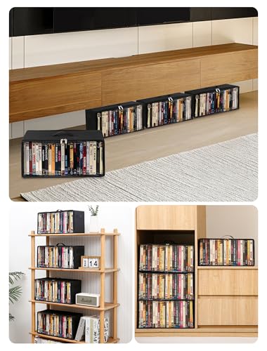 4-Pack DVD Storage Box, Stackable DVD Case Holder Organizer with Front Zippered Clear Window, CD Holder for CD, Blu-ray, VHS, Video Games, and Movie Collection, Holds 100+ Cases