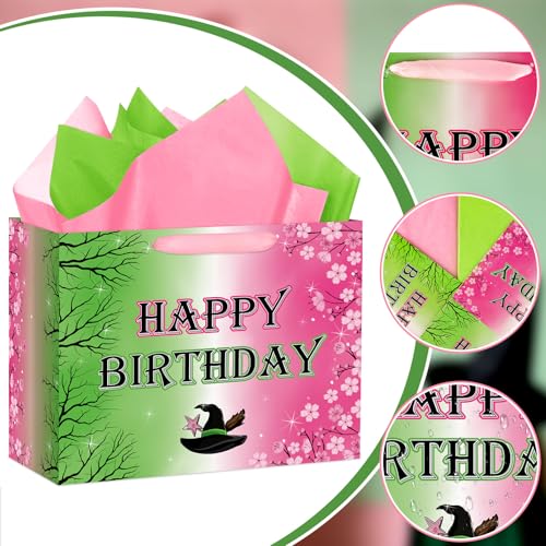 Hooqict Large Pink and Green Gift Bag Witch Birthday Gift Wrap Bag with Handles, Tissue Paper, Greeting Cards for Girls Friendship Princess Witch Party Favors Movie Theme Birthday Party Supplies - color: Pink and Green