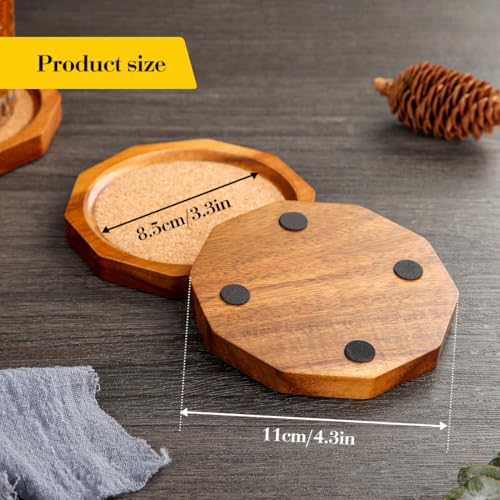 Wood Cork Coasters for Drinks Absorbent with Holder, 4.33in Decagonal Shape Acacia Wood Coaster Set Drink Coasters for Cups, Mugs, and Glasses - Handcrafted, Durable, and Stylish - color: Cork