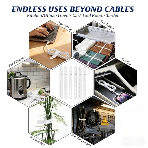 24 Pack Silicone Cable Ties, Cord Wrap for Home Office Travel Organizer | reusable, durable, adjustable, waterproof, elastic wire straps, multipurpose desk organization charger cord management holder - color: White
