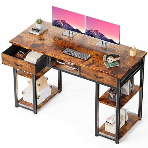 DUMOS 48" Small Computer Home Office Desk for Bedroom with Drawers, Gaming Writing Study Table with Storage Shelf, Adjustable Feet, Metal Frame Natural Brown - color: Rust Brown, size: 48-In