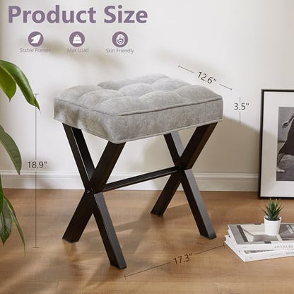 Royal Windsor Vanity Stool,Square Ottoman Stool Foot Rest,Upholstered Vanity Chair Foot Stool with Metal X Legs, Small Vanity Seat for Entryway,Bedroom and Living Room,Linen Light Grey - color: 12.6"d Light Grey+black