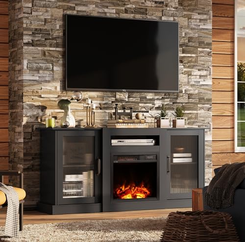 WLIVE Fireplace TV Stand for 65" TV, Entertainment Center with 3D Realistic Flame Electric Fireplace, TV Console with Open Shelves for Living Room, Black - color: Black, size: 58'' Fireplace TV Stand