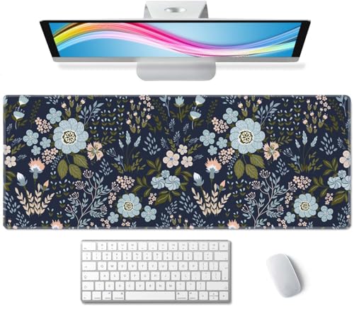 Floral Desk Mat Dark Vintage Aesthetic Desk Pad Flower Plant Blue Extended Mouse Pad Large Gaming Mousepad XL Laptop Computer Mouse Keyboard Mat 31.5 x 11.8 in for Office Desk Decor - color: Floral Pattern