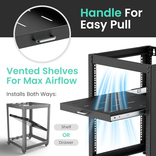 ynVISION.DESIGN 1U Sliding Rack Shelf – 20″ Deep Pull-Out Rack Mount Tray Extends to 35″, Fits 19″ 4-Post Server & AV Racks, Heavy Duty Steel Drawer Shelf, Network Cabinet Rack Shelf, 44 lb Capacity