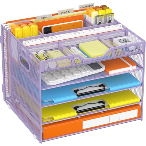 Docnest 5 Tier Letter Tray with Hanging File Organizer-Mesh Desk Organizer-Desktop Storage Box Built in Pen Holder and Handles, File Folder Holder for Mail Documents Office Supplies-Purple - color: 5 Tier Hanging File Organizer-purple