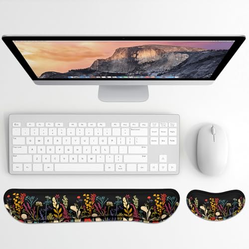Dapesuom Enlarge Keyboard Wrist Rest, Memory Foam Wrist Cushion for Desk Mats Support, Typing Pain Relief Keyboard Mouse Pad Rests Set with Non-Slip Base for Gaming Laptop Computer, Floral Cartoon - color: Cute Floral Cartoon