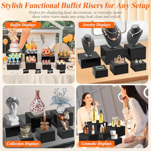 8Pcs Black Acrylic Buffet Risers with Mini Sign and Marker, Food Display Risers for Party Catering Dessert Jewelry, Acrylic Cube Nesting Boxes with Hollow Bottoms(9" 8.5" 8" 7.5" 6.8" 6" 5" 5") - color: 9" 8.5" 8" 7.5" 6.8" 6" 5" 5