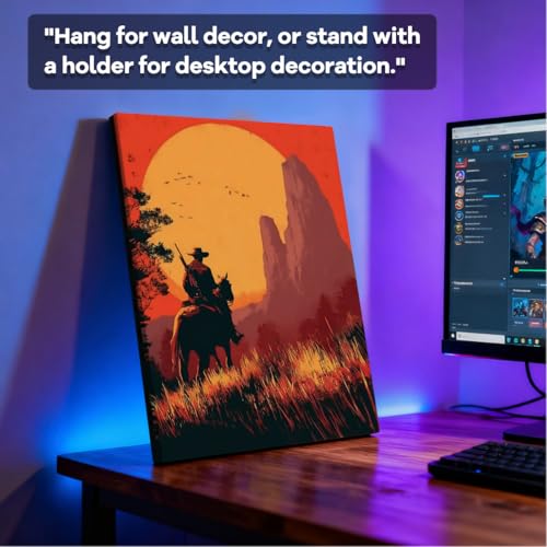 WOXZQ Cinematic Western Cowboy Silhouette at Sunset Inspired by Red Dead Redemption 2 Game Art Wall Poster for Gaming Room Wrapped Canvas Print 12x15 Inch - color: Lone Rider’s Path