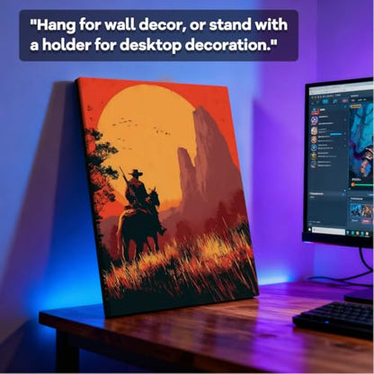 WOXZQ Cinematic Western Cowboy Silhouette at Sunset Inspired by Red Dead Redemption 2 Game Art Wall Poster for Gaming Room Wrapped Canvas Print 12x15 Inch - color: Lone Rider’s Path