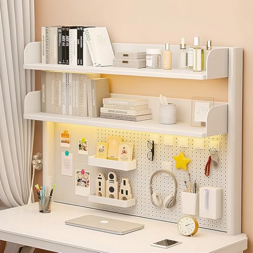Clip-On Desk Shelf, 2 Tier Desktop Bookshelf with Pegboard Multipurpose Clamp Desk Organizer Space Saving Desk Hutch for Bedroom Study Room Dorm (White) - color: White