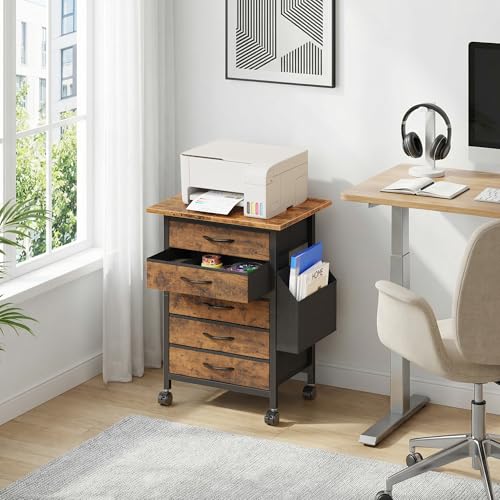 HIGDBFE 5 Fabric Drawers File Cabinet with Side Pocket, Rolling Printer Stand with Storage for Home Office, Wood Top Storage Cabinet Office Storage for Documents and Crafts, Rustic Brown, 15" D - size: 15"D (5 Drawers)