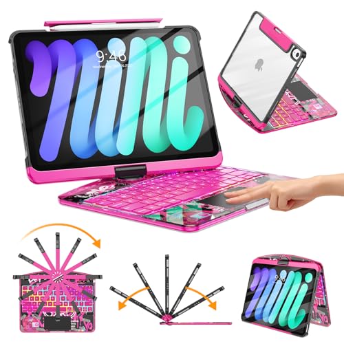 TSQQST Clear Wireless Keyboard Case for iPad mini 7 A17 Pro (2024)/ Mini 6 (2021) 8.3" w/Multi-Touch Trackpad, 7-Color Backlit, Pen Holder, 360 Rotating Case for iPad mini 7th/6th Generation, Pink - color: Clear+Pink, size: Mini7/6