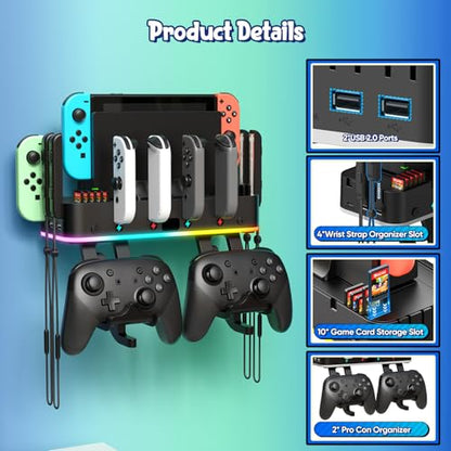 Switch/OLED Wall Mount with RGB,Switch Organizer with Holder,Charging Dock for Joycon with 15 Light Mode,2 USB Ports,4 Controller Charger,10 Card Slots - size: For Switch/OLED