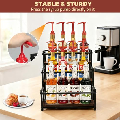 Coffee Syrup Rack Organizer, 3-Tier | Metal Bottle Holder, Holds 12 Bottles, Rustic Countertop Display Shelf, For Coffee Bar, Kitchen Cabinet, Pantry - color: 3-Tier