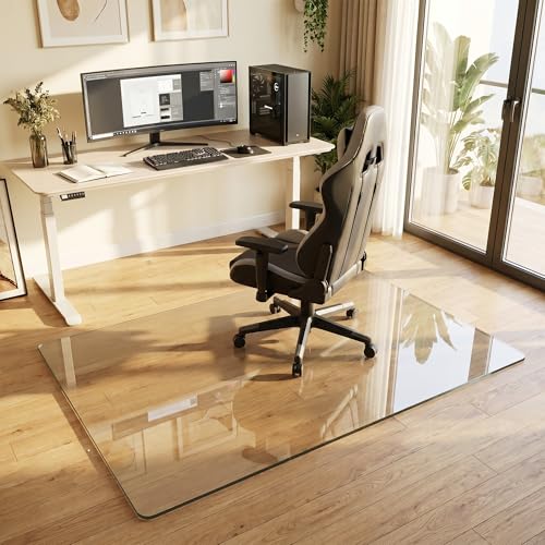 Tempered Glass Chair Mat for Hardwood Floor, 40" x 60" Heavy Duty Glass Office Chair Mat, for Low Pile Carpet, 0.2" Thick with 4 Non-Slip Pads, Smooth Rolling for Home & Office - size: 40" x 60"