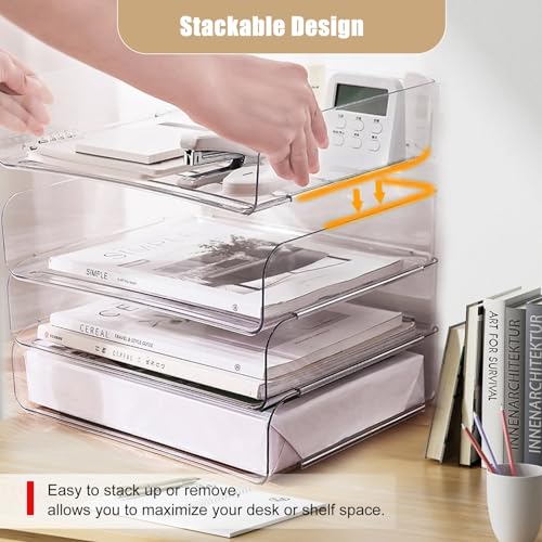 Clear Stackable Paper Trays 4 Pack, PET Letter Tray Desk Organizer, Desktop Organizers and Storage for Books, Magazines, Folders, A4 Size File Paper, Office Supplies - color: Clear, size: 4 Count (Pack of 1)